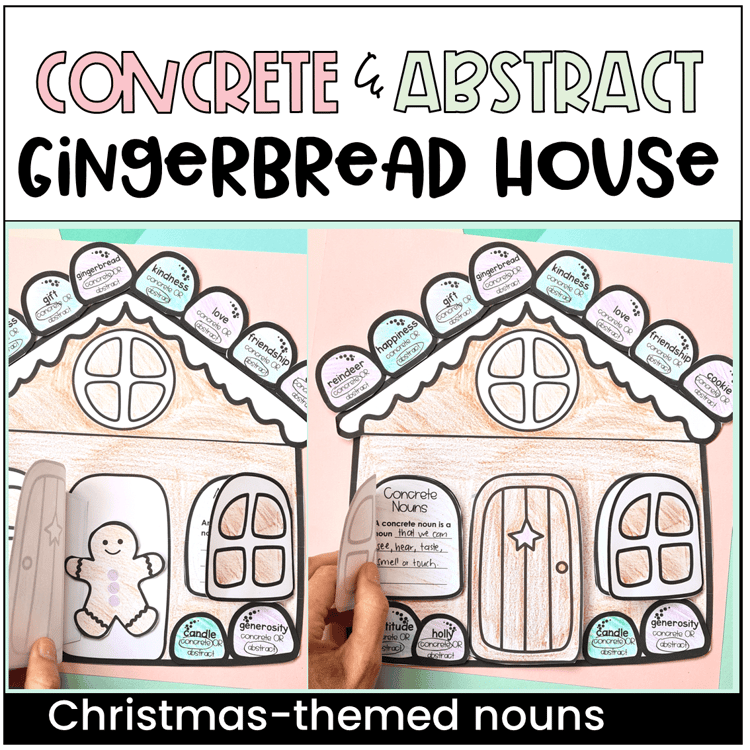 Gingerbread house with concrete and abstract nouns on the gumdrops and inside the window.