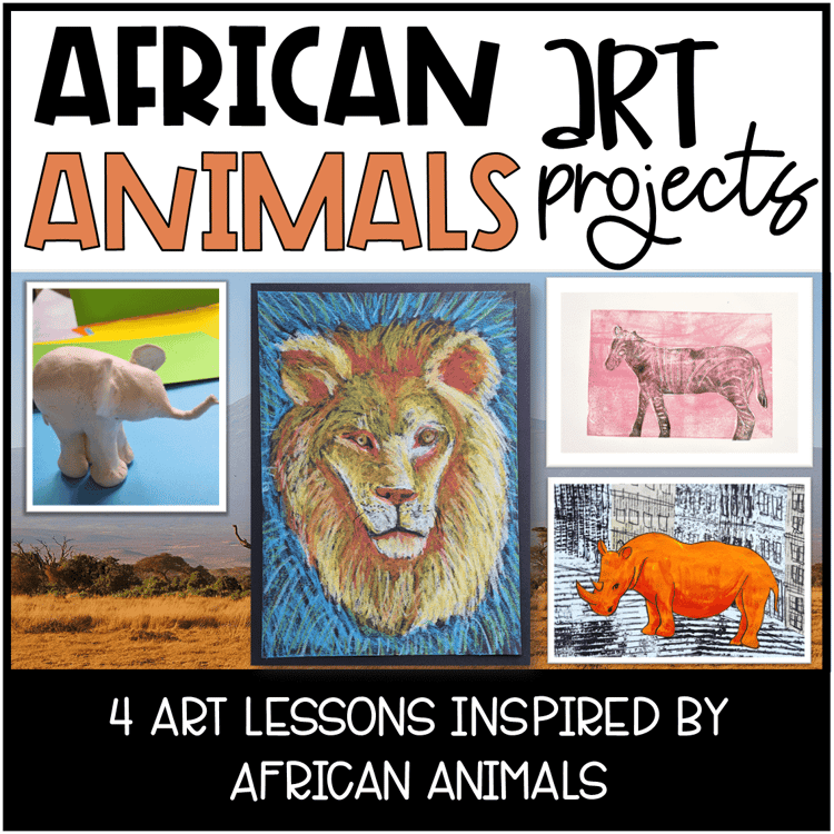 Art with a clay elephant, a zebra print, a rhino mixed media artwork, and a lion pastel artwork.