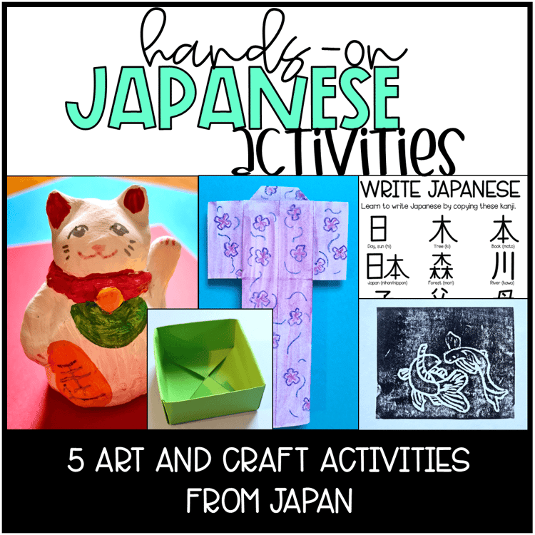 Japanese clay cat, origami box, origami kimono, writing, and print.