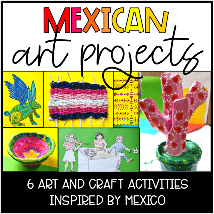 Mexican art projects including papier mache, alibrijes, weaving, a bowl and paper craft.