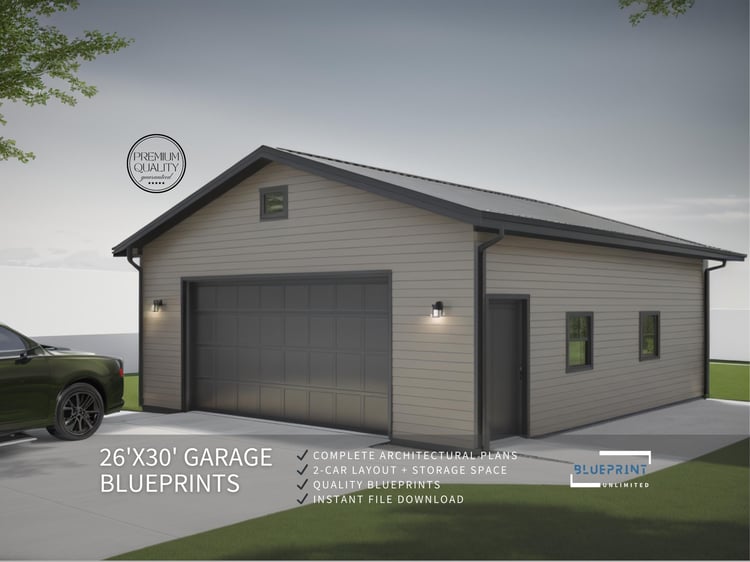 Garage blueprint rendering: detailed plan for constructing a garage, depicted in the image.