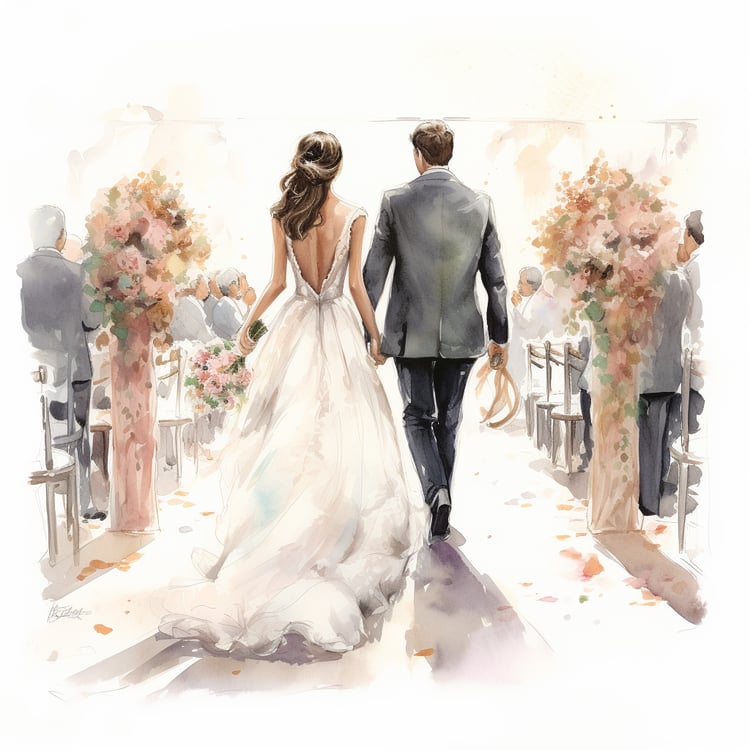 Watercolor image of couple after wedding ceremony