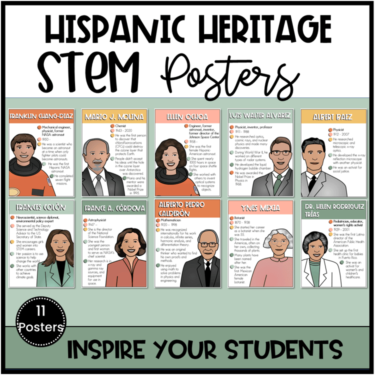 10 posters of scientists and engineers of Hispanic heritage.