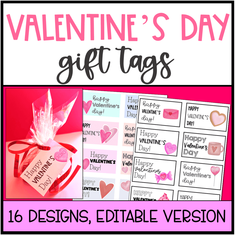 A gift with a gift tag and templates of Valentines Day gift tags.