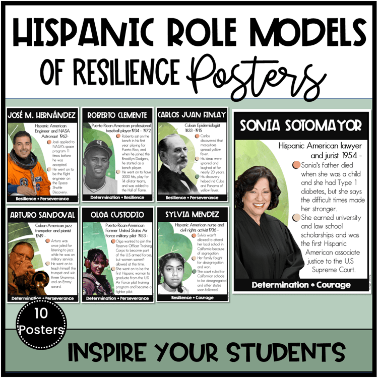 10 posters of resilience stories about people of Hispanic heritage.