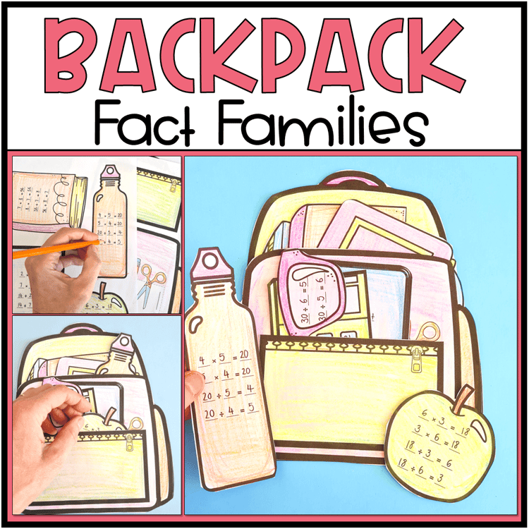 A backpack filled with school items with fact families on them.