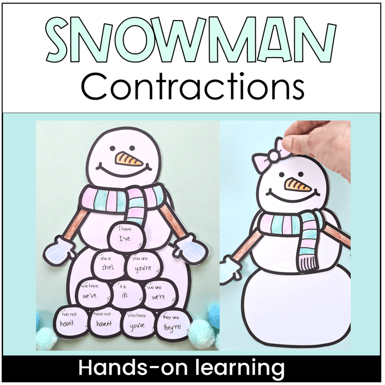 Snowman with snowballs with contractions on them and a snowwoman.