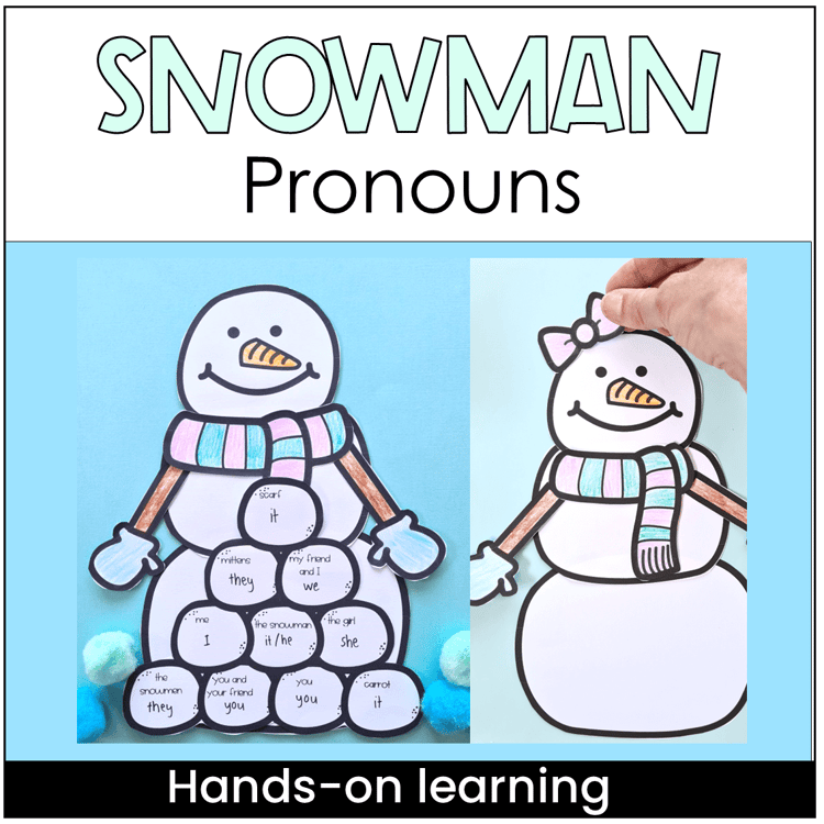 Snowman craft with pronouns on the snowballs.