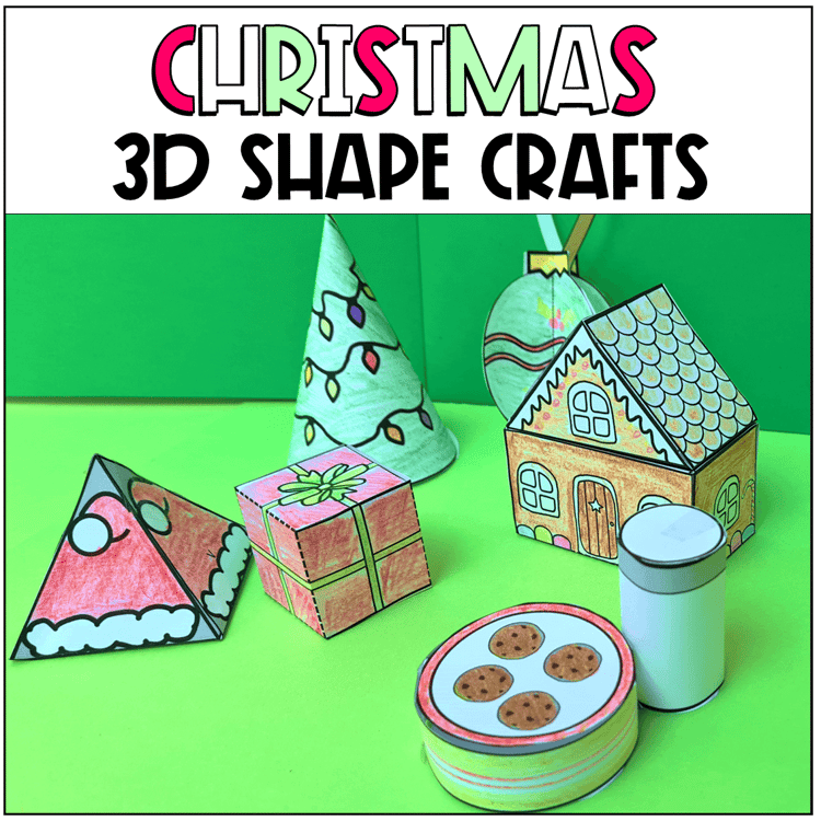 3D shapes including a gingerbread house, milk and cookies, a Christmas tree, ornament, present and Santa hat.