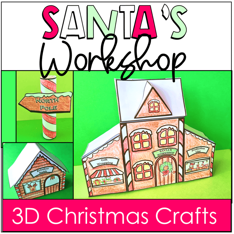 Santas workshop 3D paper craft with a North Pole and reindeer stables.