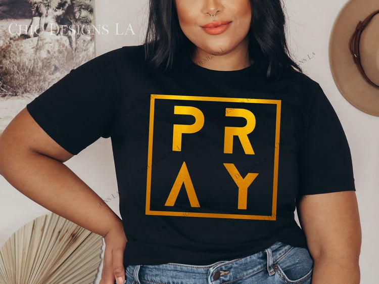 Pray Retro Gold Foil Black t-shirt