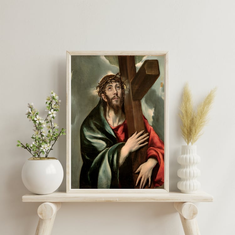 Product by Minimal Sense Prints Co. - Jesus carrying or holding a Cross Vintage Oil Painting Art for Christians. Perfect for gifting on Christmas, Easter, Good Friday, Resurrection Day, Thanksgiving or any other christian holidays. Digital download which