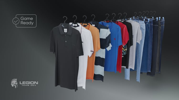 Lowpoly Game ready 3D Model Hanging Clothes Polos, Tshirts, Jeans Set