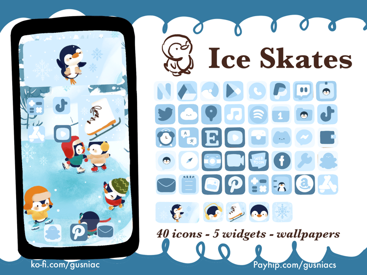 Ice Skate Penguin Winter Themed Icon Pack | Home Screen Customization for iPhone, iPad, Android