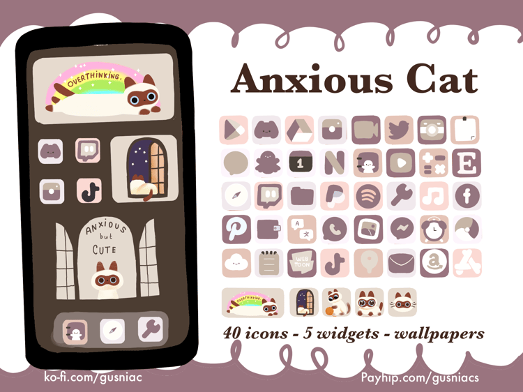 Cute Anxious Siamese Cat Themed Icon Pack | Home Screen Customization Set for iPhone, Android