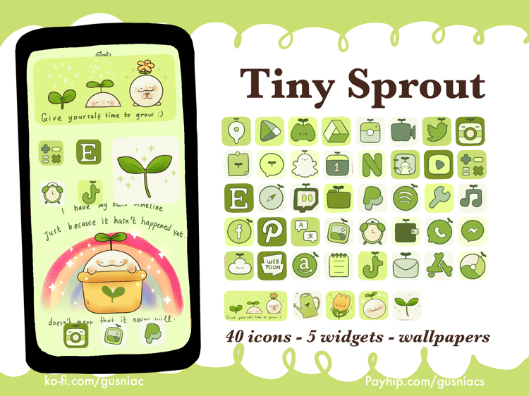 Cute Tiny Precious Sprout Themed Icon Pack | Home Screen Customization Set for iPhone, Android
