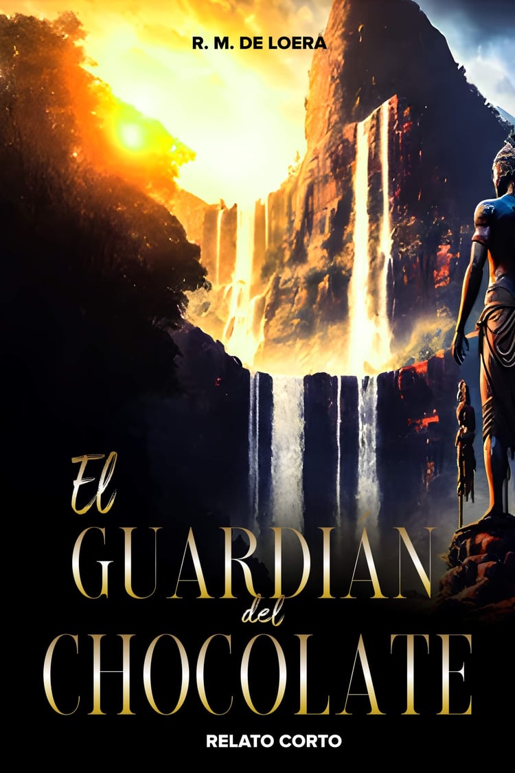 Portada El guardián del chocolate  relato corto y romántico de discapacidad. Amanecer en una selva con cascadas y un guardián protegiéndola.