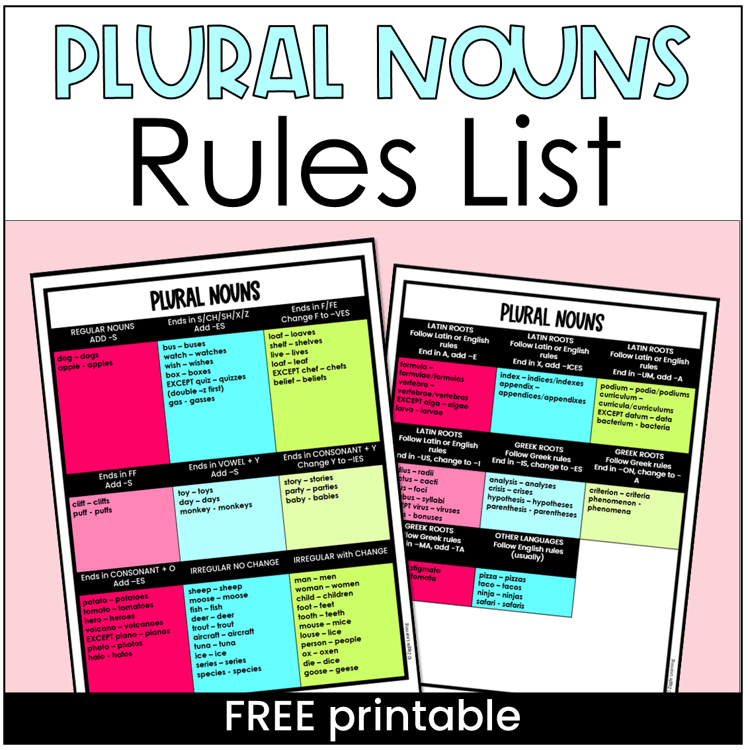 Two pages of the rules for plural nouns.