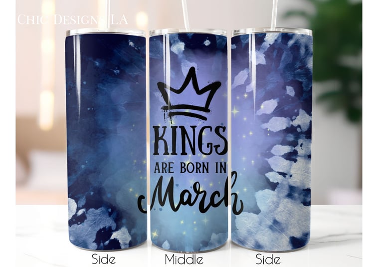 Blue tie dye March birthday king tumbler wrap