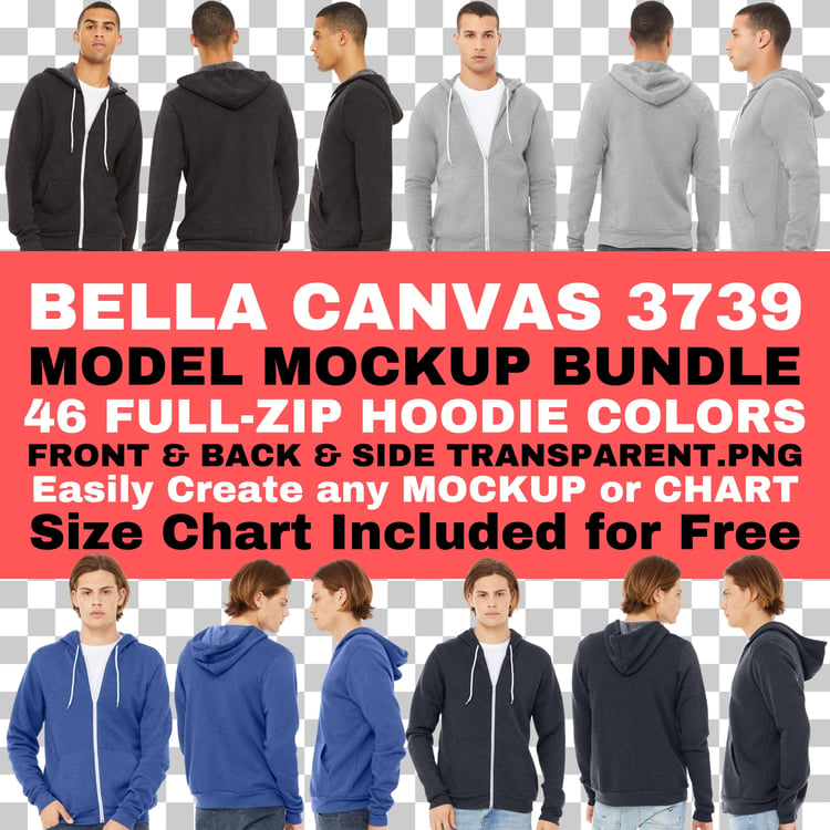 Bella Canvas 3739 Full Zip Hoodie Size and Feature Chart