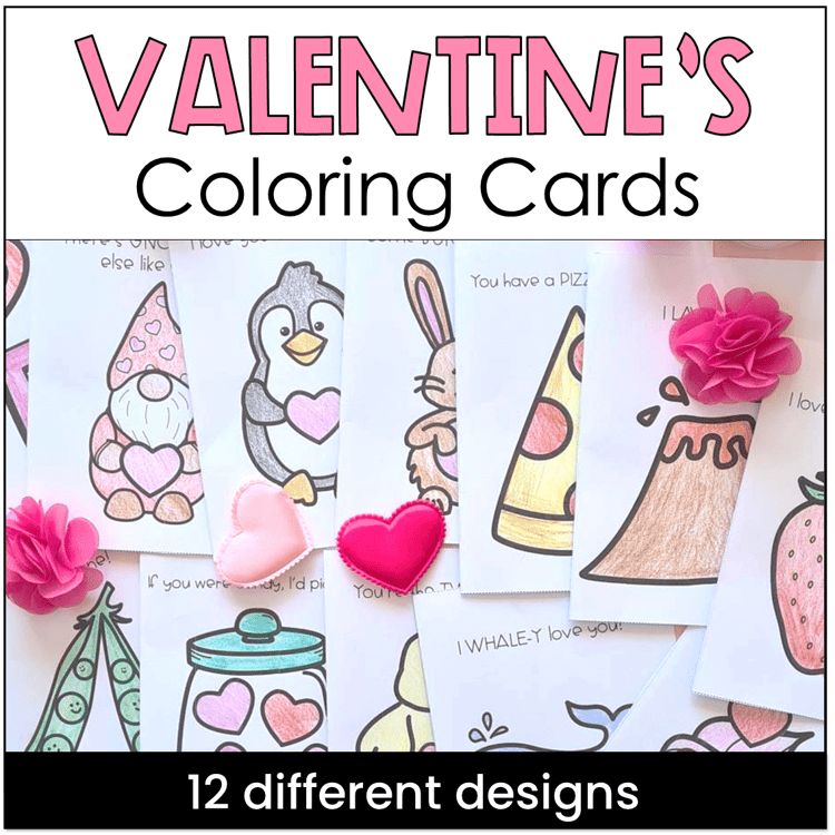 12 different Valentines Day cards which are colored in.