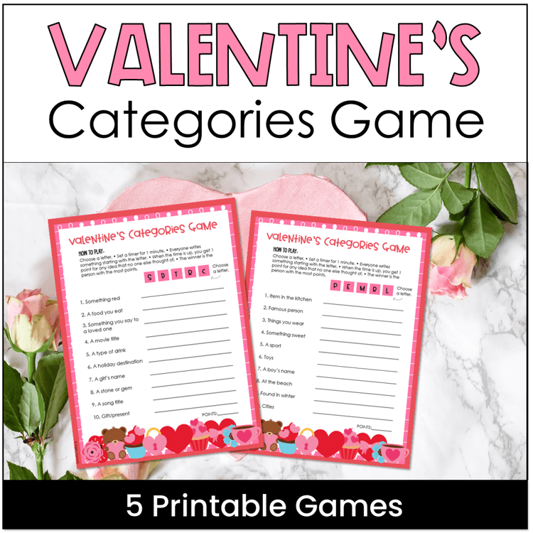 Two printable Valentines Day categories games