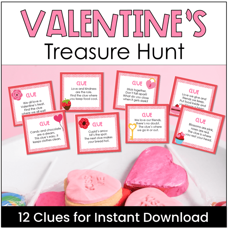 A plate of Valentines cookies with treasure hunt clues.