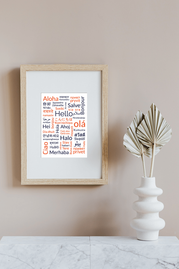 hello in different languages word cloud wall art in frame