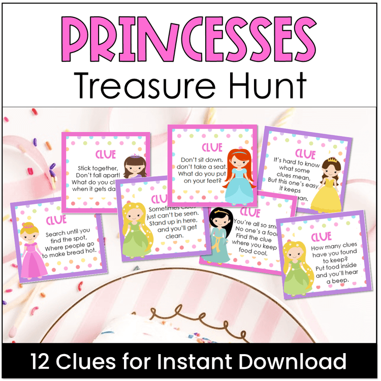 Treasure hunt clues for a princess party.