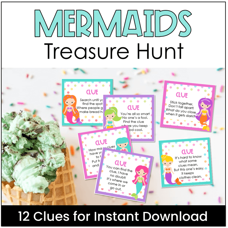 Treasure hunt clues with mermaids on them.