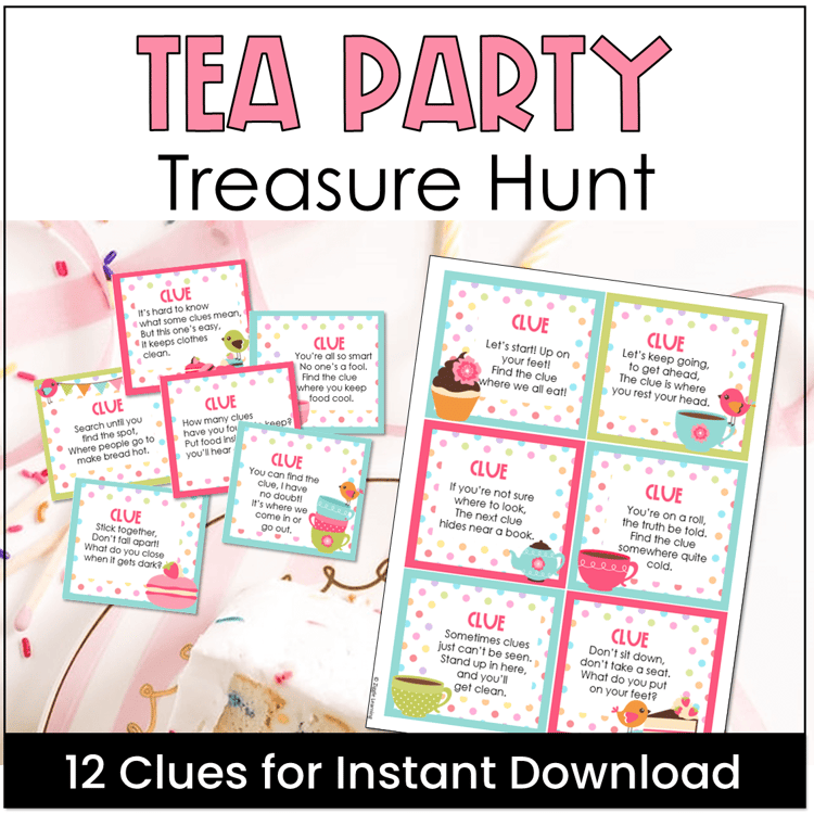 Templates with tea party treasure hunt clues