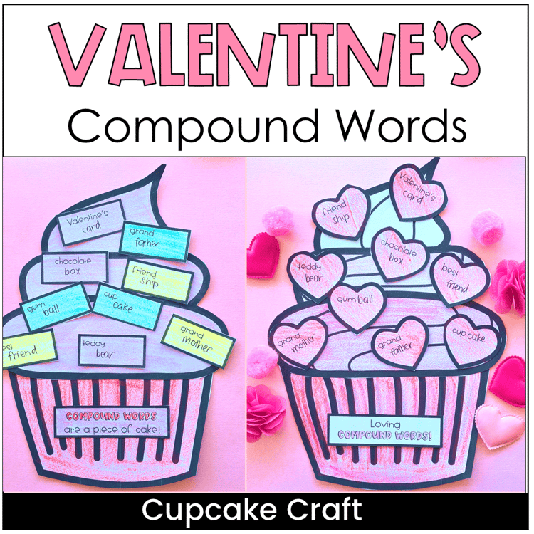 A cupcake with hearts and sprinkles with compound words on them.