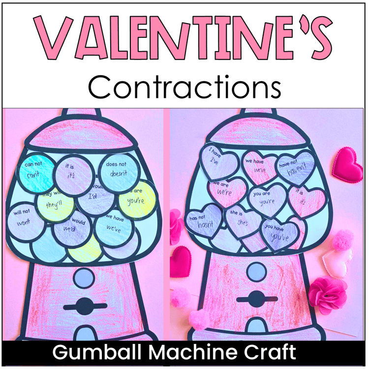A Valentines gumball machine with contractions on the hearts and a gumball machine with contractions on the gumballs.