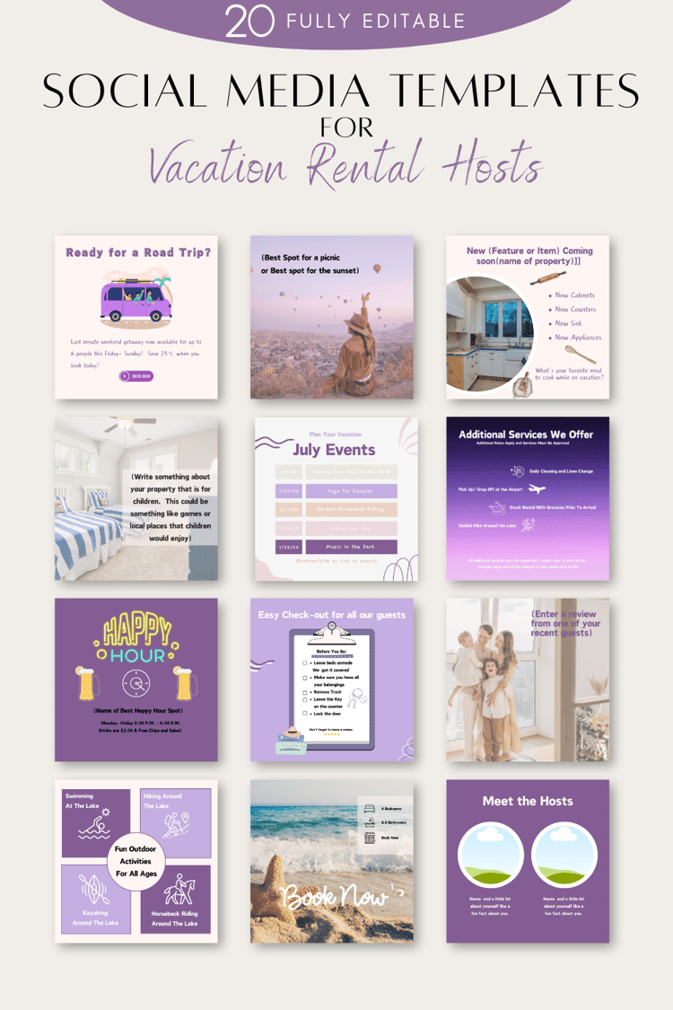 Showing a sample of 20 different Social Media Posts for Short Term Rentals to use to promote their vacation rental properties.