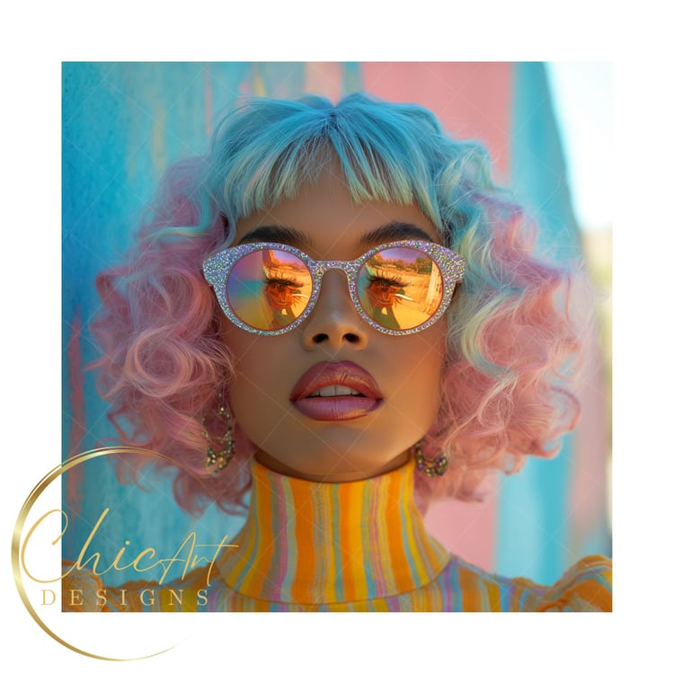 Hippie Pastel Premium Fashion PNG Stock Photo: Woman with Pink & Blue Pastel Short Bob Cut with Sunglasses, Midjourney v6 model