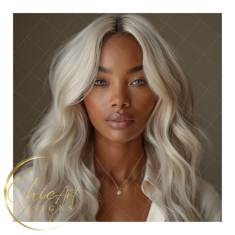 Black Woman with platinum blonde hair and green grey eyes, Midjourney v6 model
