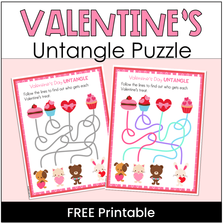 A Valentines puzzle to untangle the lines to see which animal gets which Valentines treat
