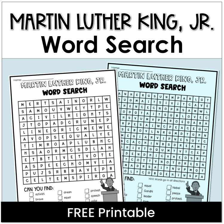 A free word search about Martin Luther King, Jr.