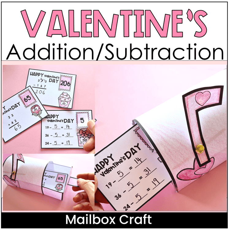 A mailbox craft with Valentines envelopes with addition and subtraction problems.