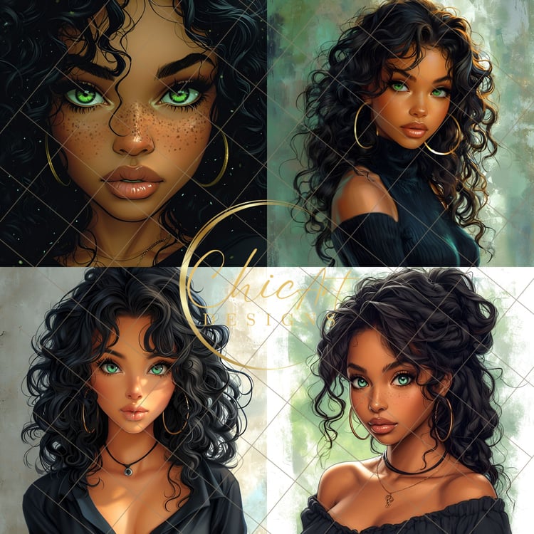 Cartoon Animated woman with green eyes and dark hair, Midjourney v6 cartoon