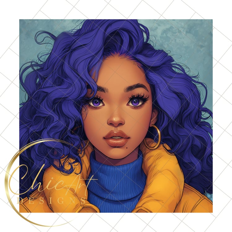 Cartoon woman with purple hair, purple eyes, Midjourey v6 Woman
