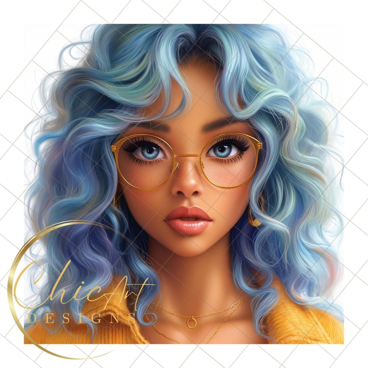 Ai cartoon Blasian woman with pastel blue hair, blue eyes, Midjourney v6