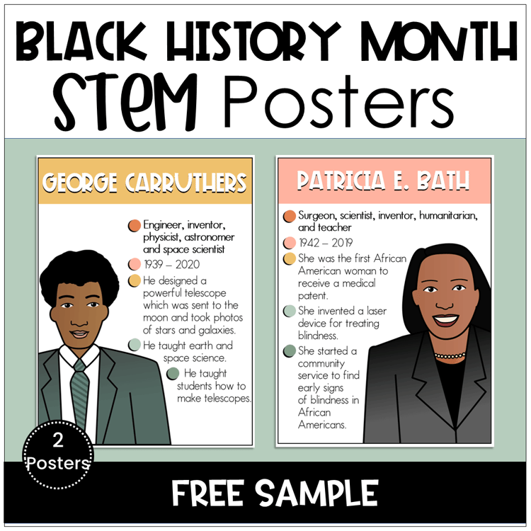 Two color posters of George Carruthers and Patricia E Bath for Black History Month.