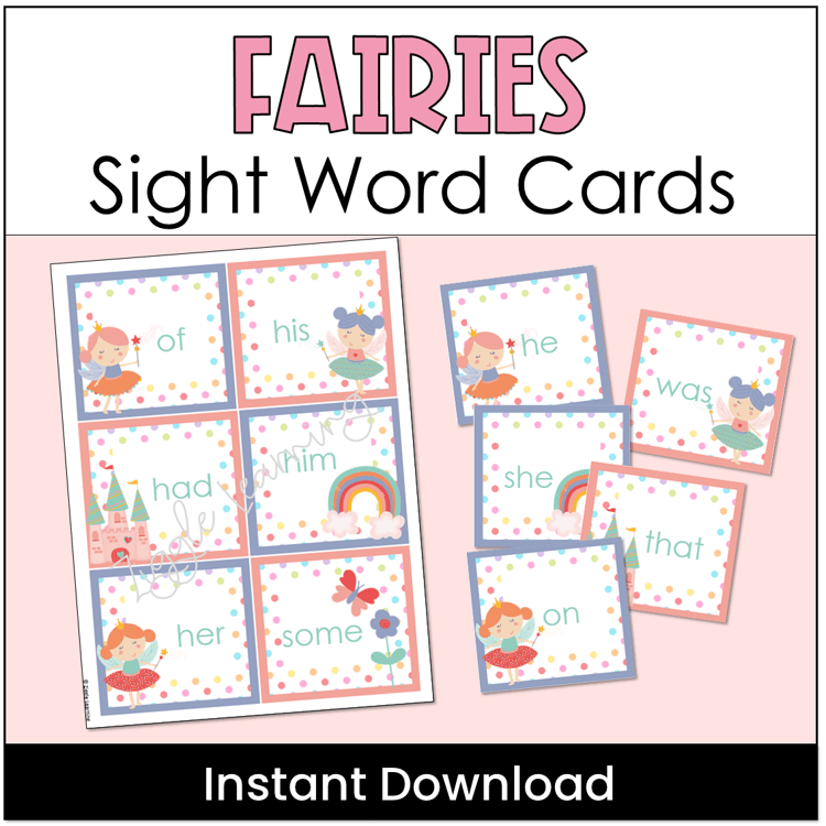 Sight word cards with fairies on them.