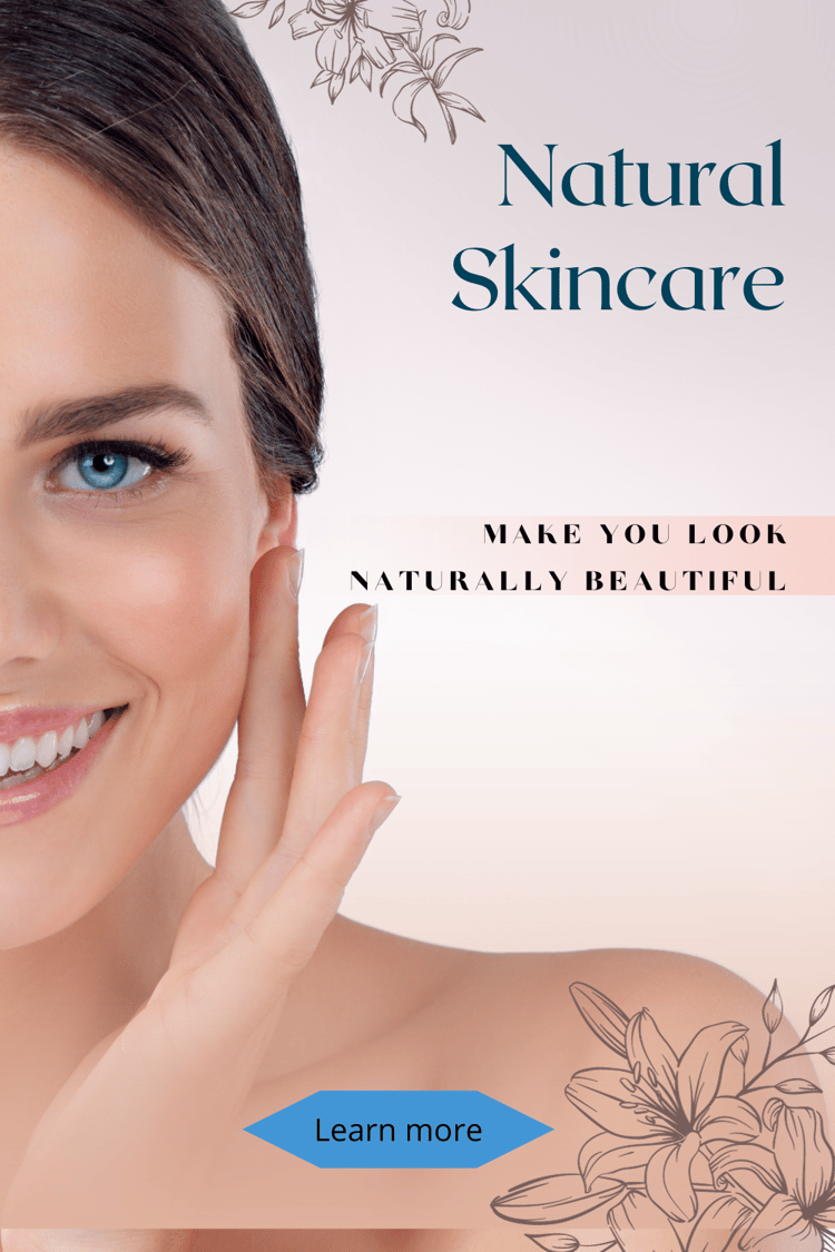 A smiling woman touches her face with her fingers, next to her face is written "natural skin care"