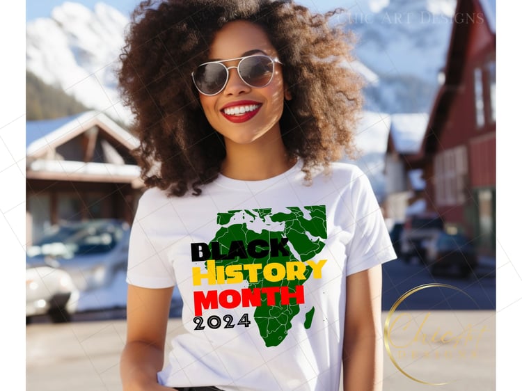 Black woman wearing black history month t-shirt PNG design, African continent,