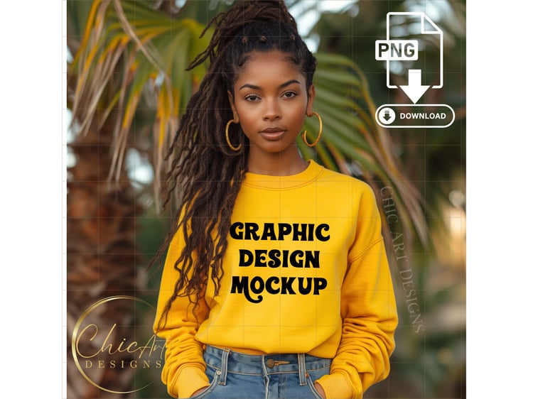 Black woman with Long Locs yellow sweatshirt mockup image, midjourney v6