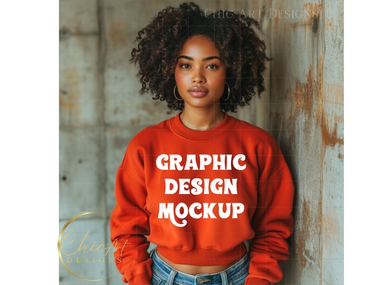 Black woman wearing Burnt orange sweatshirt mockup, midjourney v6 models