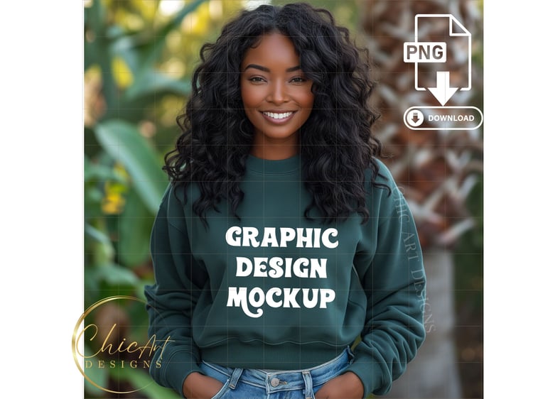 Dark skin black woman green sweatshirt mockup