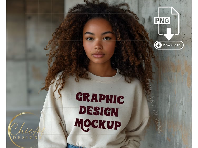 Black woman wearing blank beige crewneck sweatshirt, sweatshirt mockup, midjourney models
